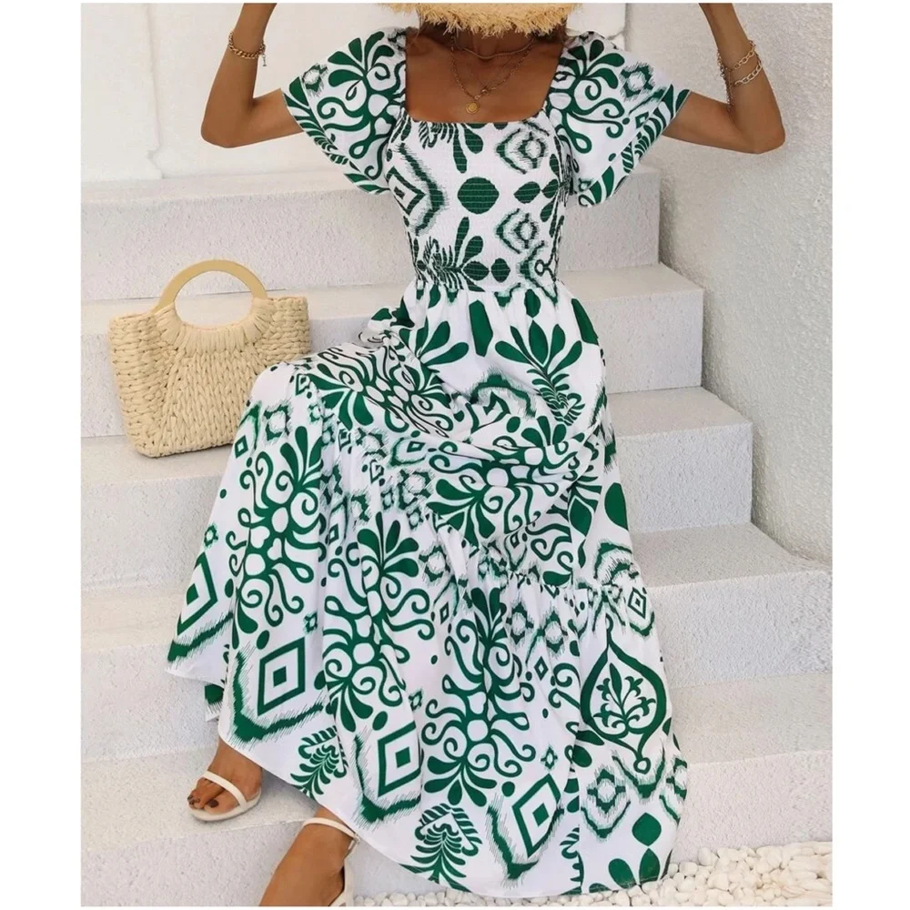 Boho Floral Print Shirred Butterfly Sleeve Dress - Picture 5 of 7